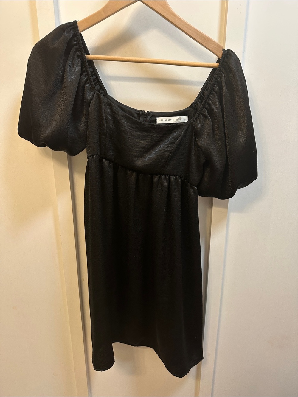 Altard State Black Puff-Sleeve Satin Mini Dress